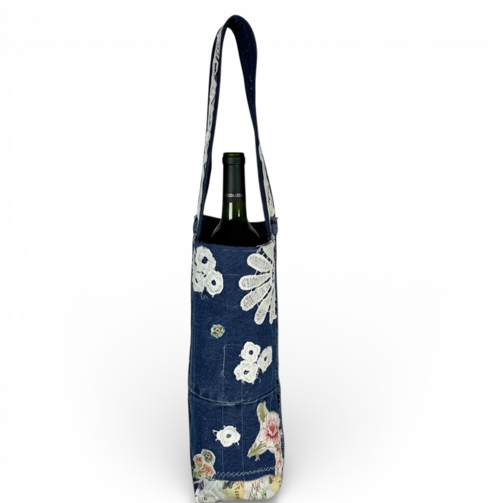 Handmade Denim Wine Tote Bag Floral Patchwork White Lace‎ Embellished